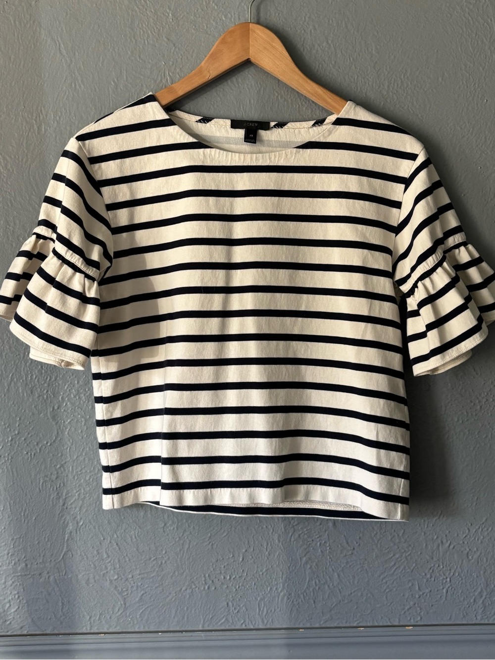 J.Crew Striped Ruffle Sleeve Top Navy Ivory XS